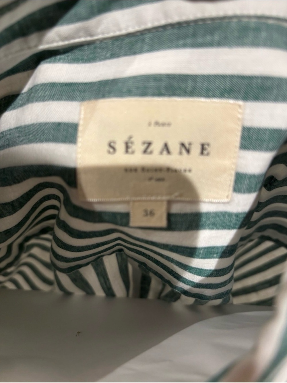 Sezane Tomboy Green and White Vertical Stripe Button-Down Shirt - Picture 7 of 7